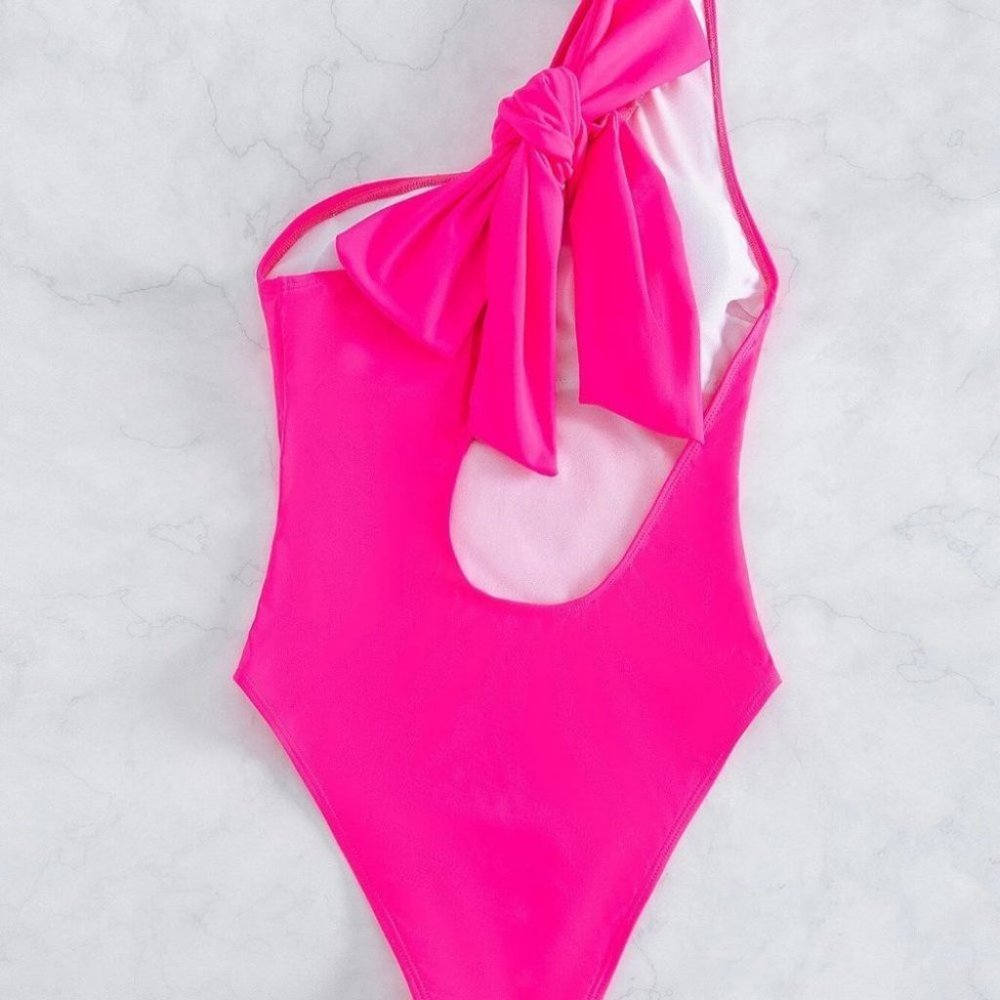 Hot Pink Summer Womens Cut-out Knot One Shoulder One Piece Swimsuit - Picture 3 of 5